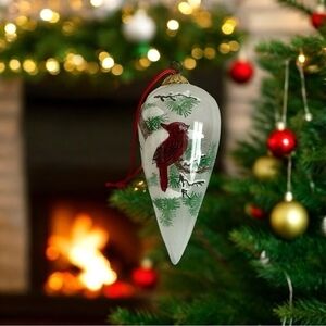 Rare Vintage Clear Glass Cardinal Christmas Ornament 4" Red Velvet Gift Box EXC